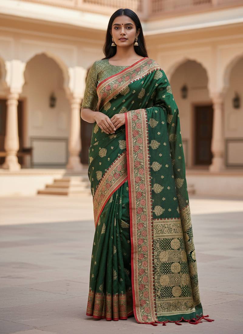 green color meenakari zari weaving soft art silk saree with unstiched blouse 