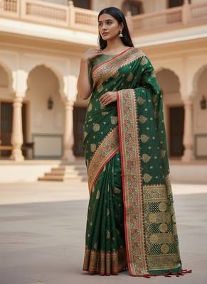 green color meenakari zari weaving soft art silk saree with unstiched blouse  2