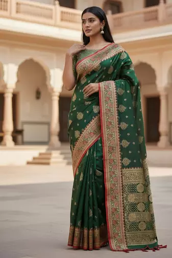 green color meenakari zari weaving soft art silk saree with unstiched blouse 