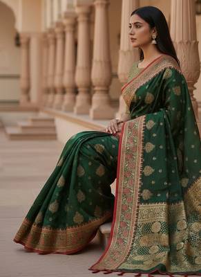 green color meenakari zari weaving soft art silk saree with unstiched blouse  3