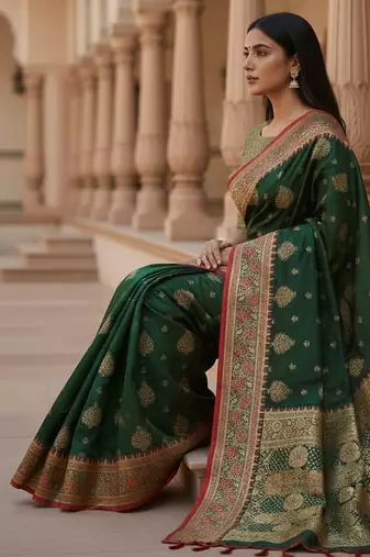 green color meenakari zari weaving soft art silk saree with unstiched blouse 