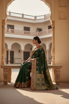 green color meenakari zari weaving soft art silk saree with unstiched blouse  4