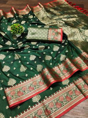 green color meenakari zari weaving soft art silk saree with unstiched blouse  5