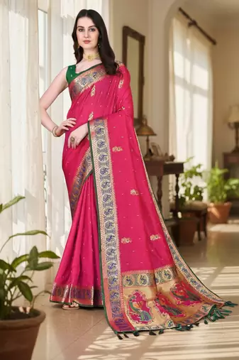 pink color meenakari zari weaving soft art silk saree with unstiched blouse 