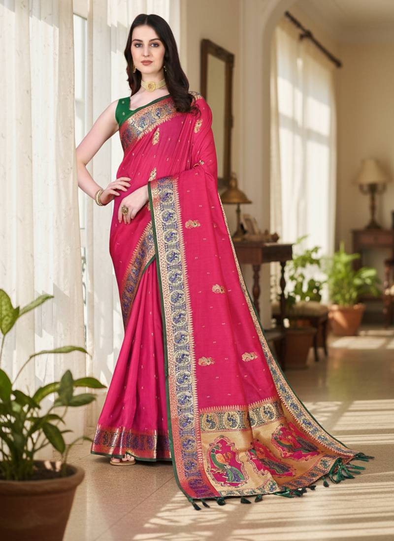 pink color meenakari zari weaving soft art silk saree with unstiched blouse 