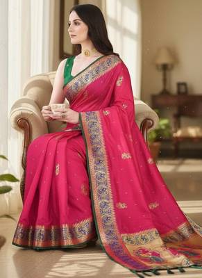 pink color meenakari zari weaving soft art silk saree with unstiched blouse  2