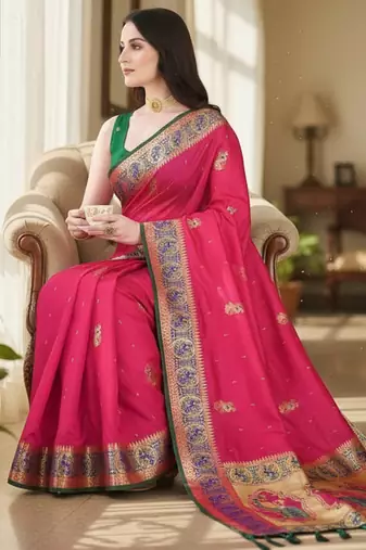 pink color meenakari zari weaving soft art silk saree with unstiched blouse 