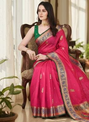pink color meenakari zari weaving soft art silk saree with unstiched blouse  3
