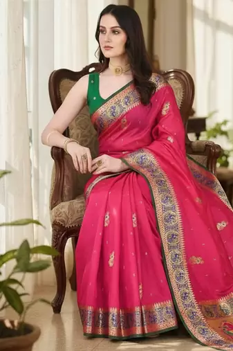 pink color meenakari zari weaving soft art silk saree with unstiched blouse 