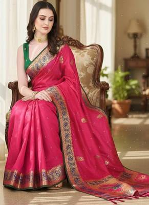 pink color meenakari zari weaving soft art silk saree with unstiched blouse  4