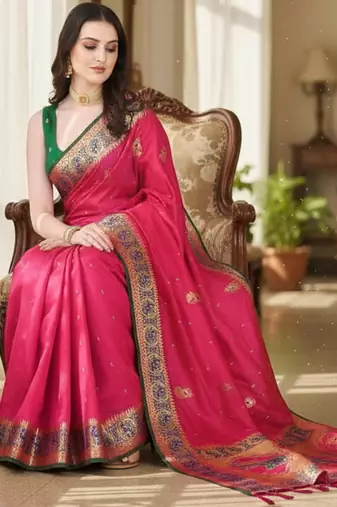 pink color meenakari zari weaving soft art silk saree with unstiched blouse 