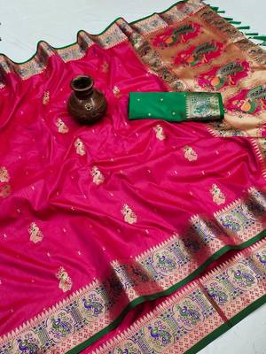 pink color meenakari zari weaving soft art silk saree with unstiched blouse  5