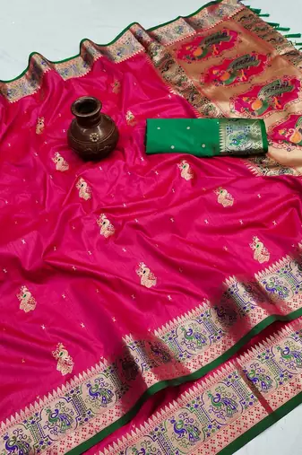 pink color meenakari zari weaving soft art silk saree with unstiched blouse 