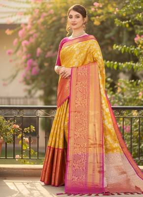 mustard color meenakari zari weaving soft art silk saree with unstiched blouse  1
