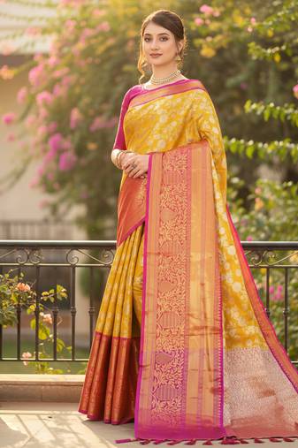 mustard color meenakari zari weaving soft art silk saree with unstiched blouse 