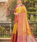 mustard color meenakari zari weaving soft art silk saree with unstiched blouse 