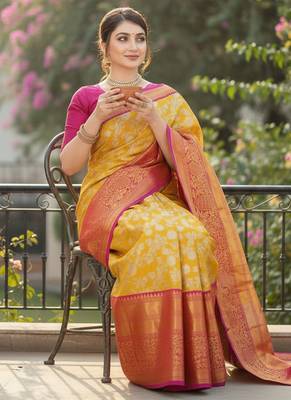 mustard color meenakari zari weaving soft art silk saree with unstiched blouse  2