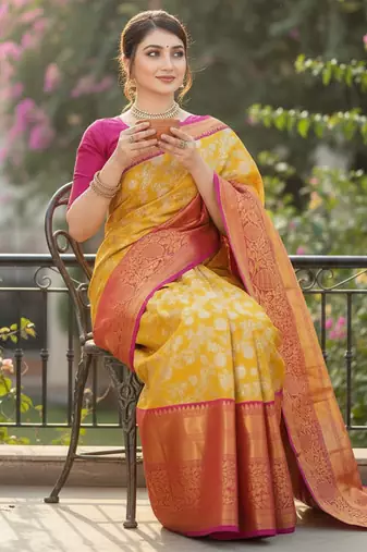 mustard color meenakari zari weaving soft art silk saree with unstiched blouse 