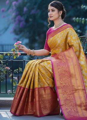 mustard color meenakari zari weaving soft art silk saree with unstiched blouse  3