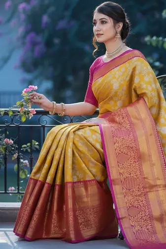 mustard color meenakari zari weaving soft art silk saree with unstiched blouse 