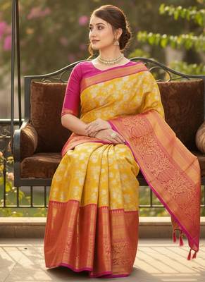 mustard color meenakari zari weaving soft art silk saree with unstiched blouse  4