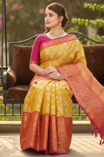 mustard color meenakari zari weaving soft art silk saree with unstiched blouse 