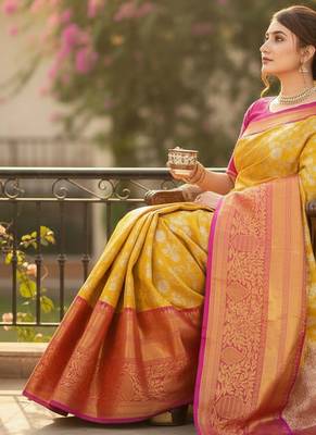 mustard color meenakari zari weaving soft art silk saree with unstiched blouse  5
