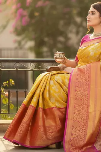 mustard color meenakari zari weaving soft art silk saree with unstiched blouse 