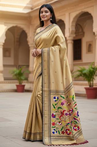 cream color soft art silk paithani zari tassels saree with unstiched blouse