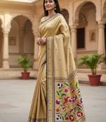 cream color soft art silk paithani zari tassels saree with unstiched blouse