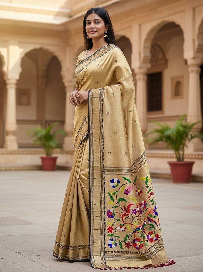 cream color soft art silk paithani zari tassels saree with unstiched blouse