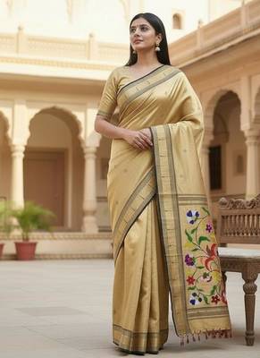 cream color soft art silk paithani zari tassels saree with unstiched blouse 2