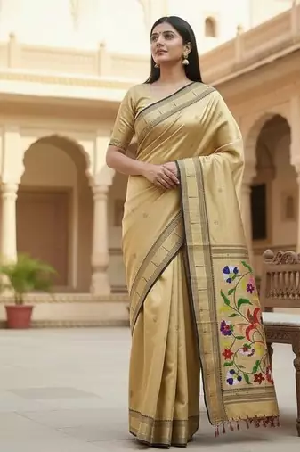 cream color soft art silk paithani zari tassels saree with unstiched blouse