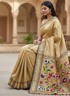 cream color soft art silk paithani zari tassels saree with unstiched blouse 3