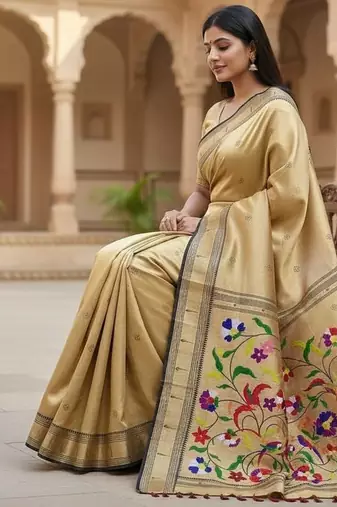 cream color soft art silk paithani zari tassels saree with unstiched blouse