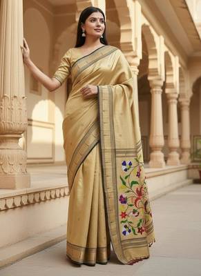 cream color soft art silk paithani zari tassels saree with unstiched blouse 4