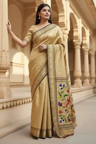 cream color soft art silk paithani zari tassels saree with unstiched blouse