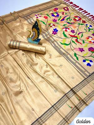 cream color soft art silk paithani zari tassels saree with unstiched blouse 5