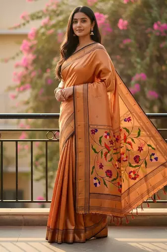 Orange soft art silk paithani zari tassels saree with unstiched blouse
