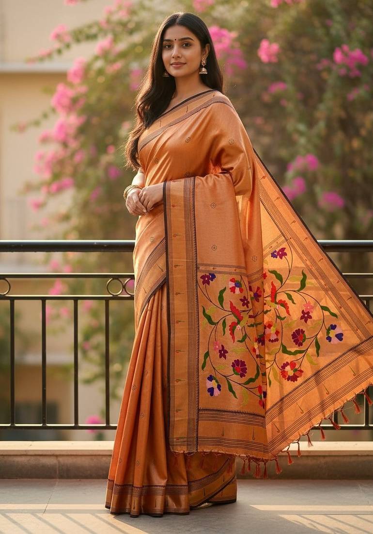 Orange soft art silk paithani zari tassels saree with unstiched blouse