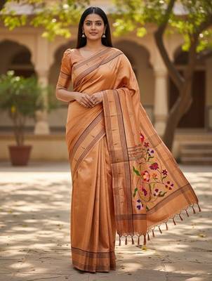 Orange soft art silk paithani zari tassels saree with unstiched blouse 2
