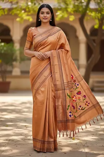Orange soft art silk paithani zari tassels saree with unstiched blouse