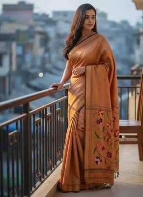 Orange soft art silk paithani zari tassels saree with unstiched blouse 3