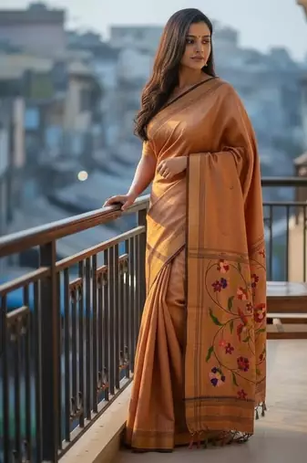 Orange soft art silk paithani zari tassels saree with unstiched blouse