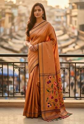 Orange soft art silk paithani zari tassels saree with unstiched blouse 4