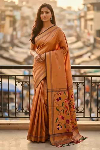 Orange soft art silk paithani zari tassels saree with unstiched blouse
