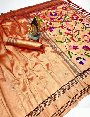 Orange soft art silk paithani zari tassels saree with unstiched blouse 5