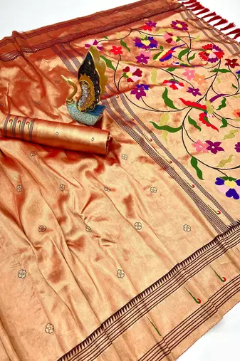 Orange soft art silk paithani zari tassels saree with unstiched blouse