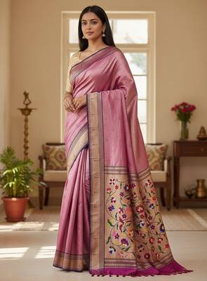 purple color soft art silk paithani zari tassels saree with unstiched blouse 1
