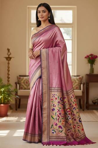purple color soft art silk paithani zari tassels saree with unstiched blouse